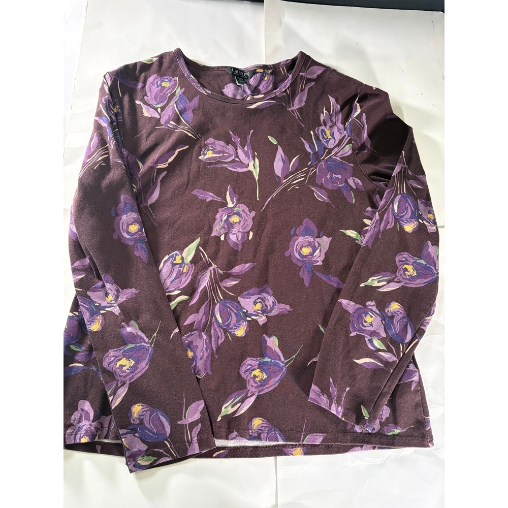 Lauren Ralph Lauren Womens XL Floral Top Purple Brown Long Sleeve Casual Shirt